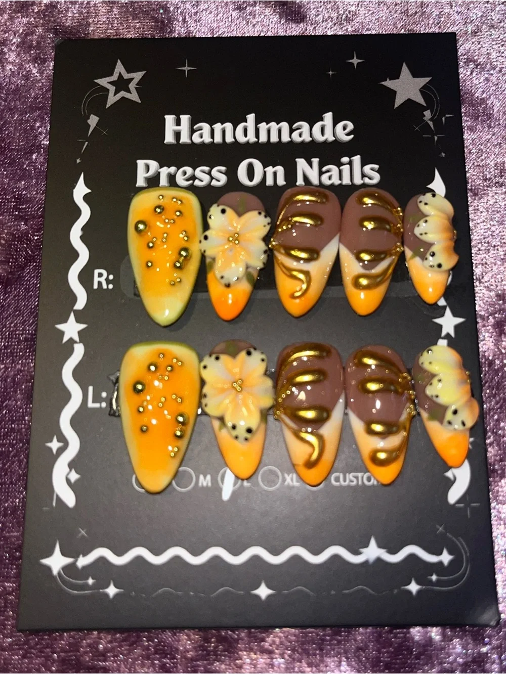Handmade Press On Nails - Yellow & Brown Floral Design